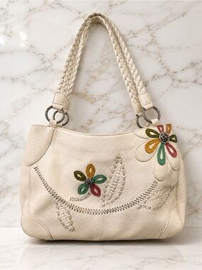 Brighton Cream Leather Shoulder Bag with Braided Straps Floral Appliqués